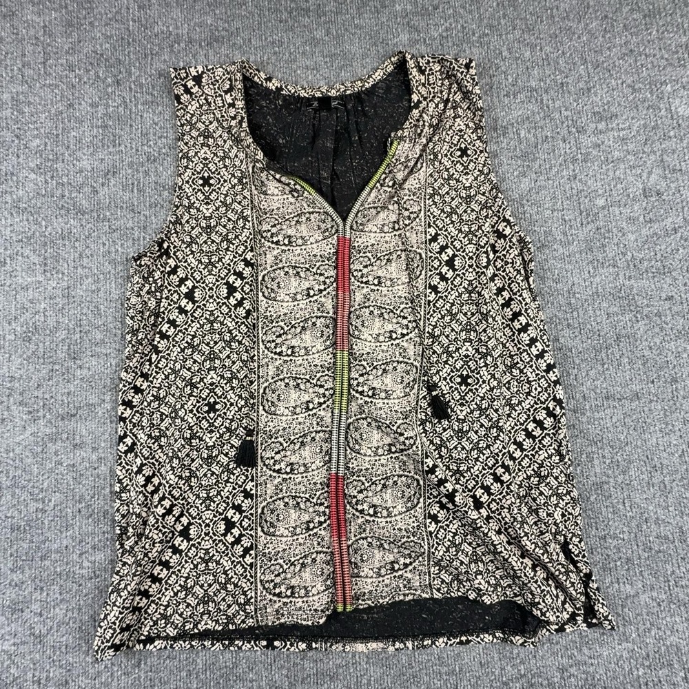 Lucky Brand Blouse Womens Large Black Paisley Zip Front Boho Sleeveless Top